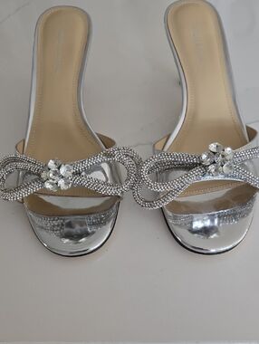 MACH & MACH Silver Crystal-Embellished Slide Mules